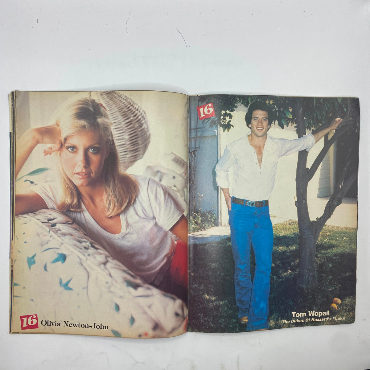 16 Magazine July 1980 feature with Olivia Newton-John and Tom Wopat, showcasing classic pop culture from the 1980s.