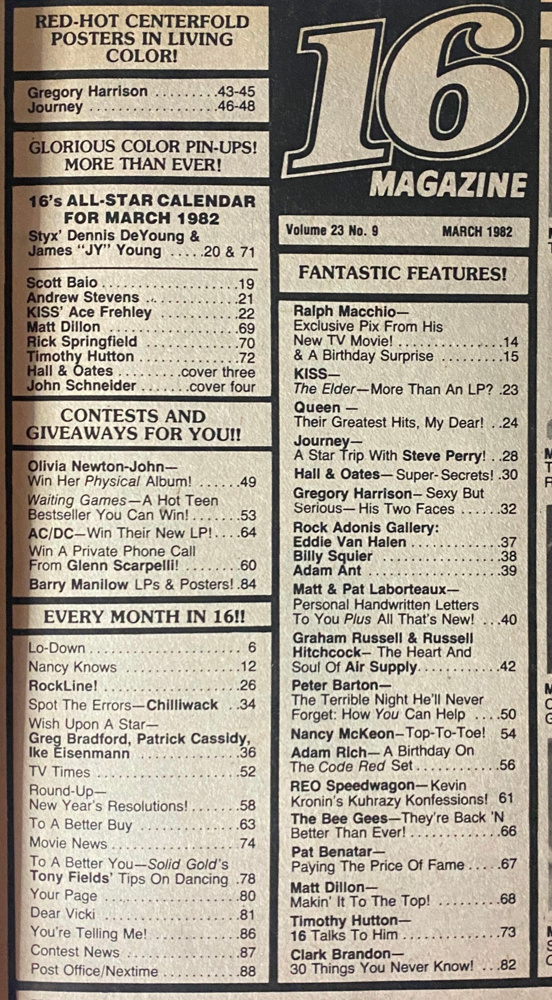 Pages from the 16 Magazine March 1982 displaying the table of contents and listing articles including features on rock stars like Ace Frehley and Gregory Harrison.