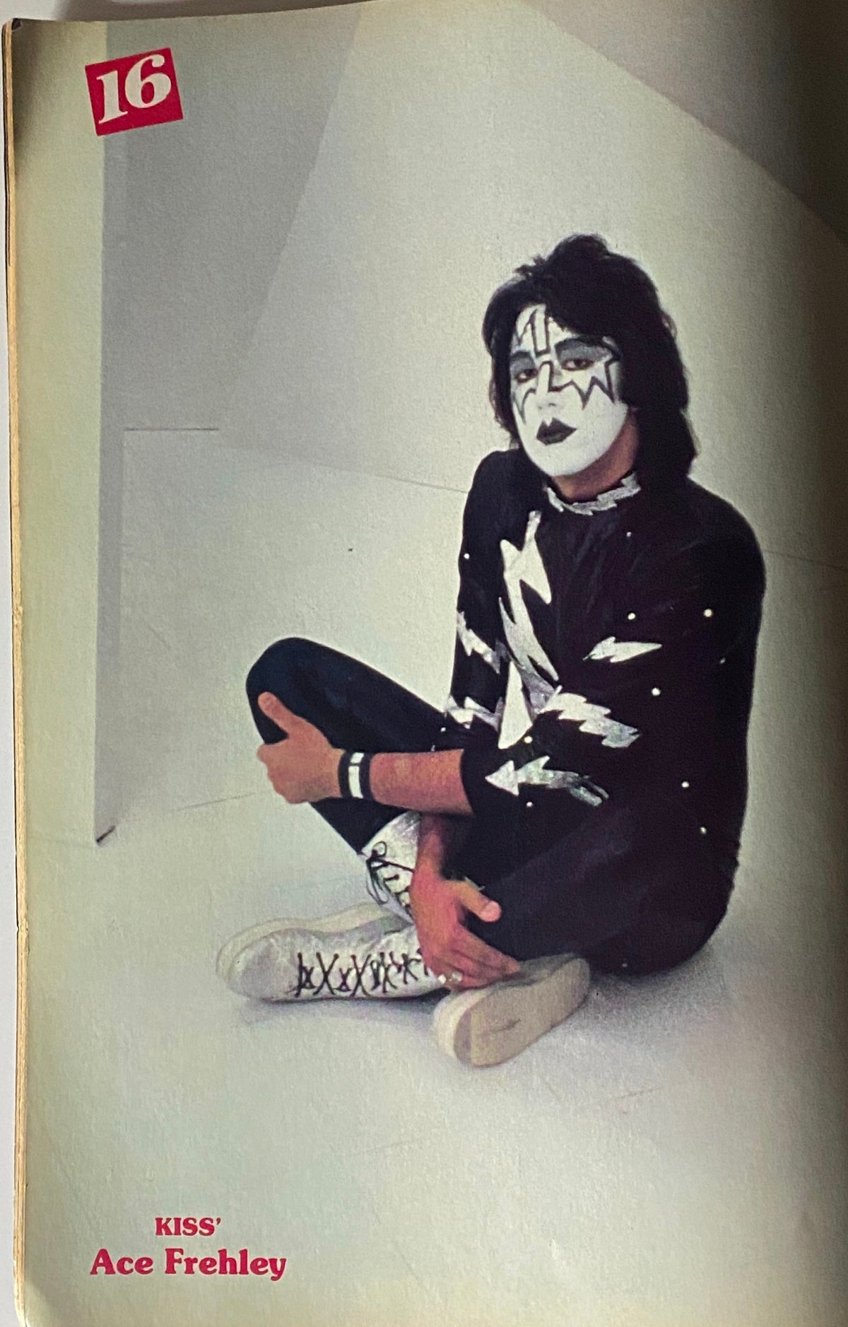 16 Magazine March 1982 featuring KISS member Ace Frehley with iconic face paint and attire, showcasing the vibrant rock culture of the 1980s.