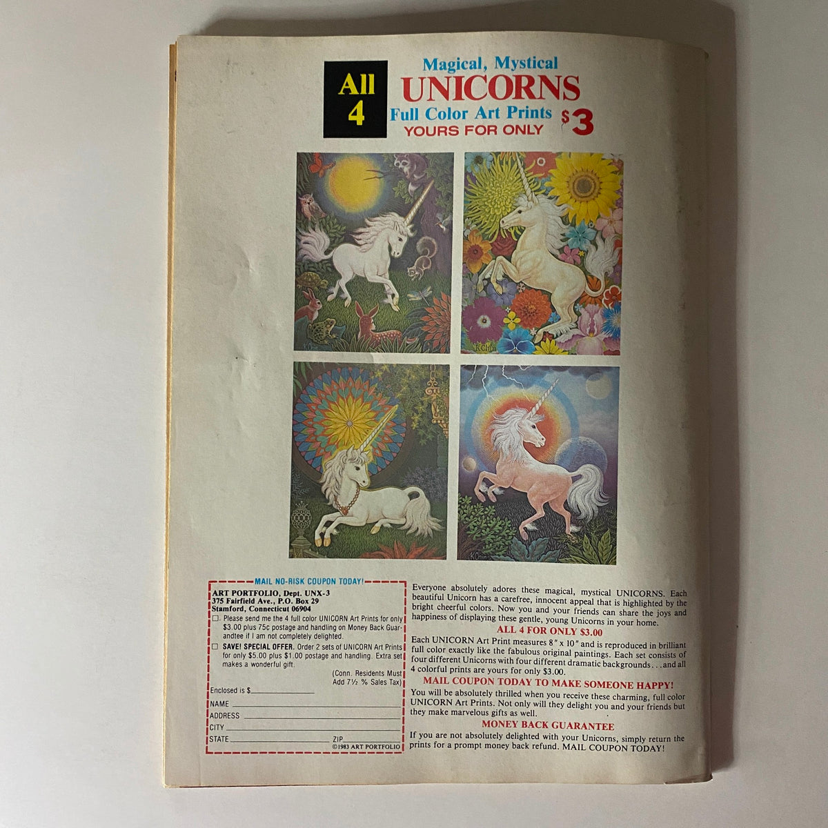 Advertisement page in 16 Magazine January 1984 promoting magical and mystical unicorn art prints, embodying the whimsical trends of the era.