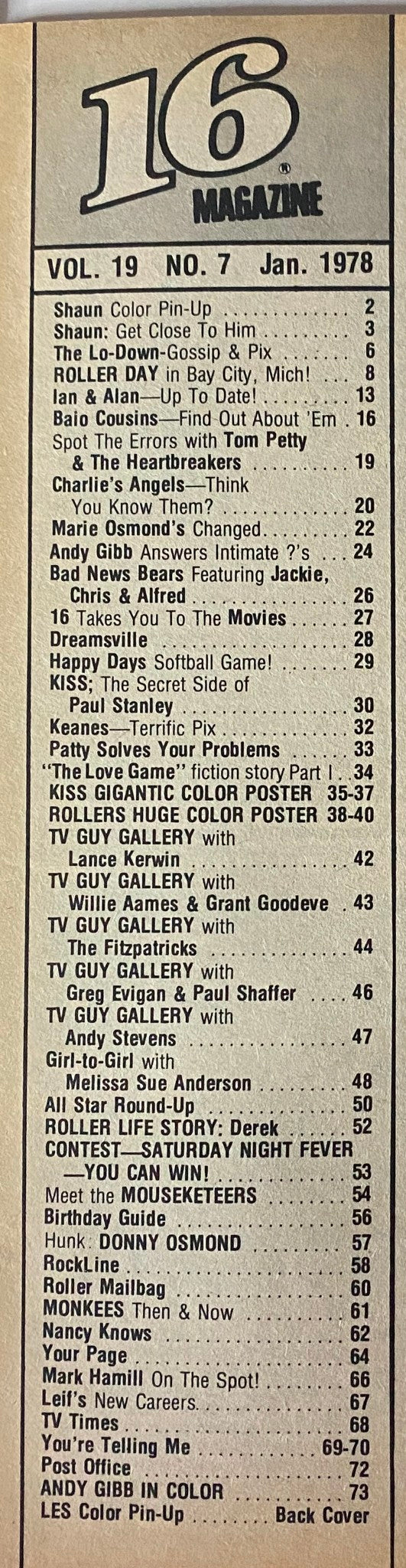 Table of contents from 16 Magazine January 1978, highlighting articles and features on pop culture, music, and celebrities.