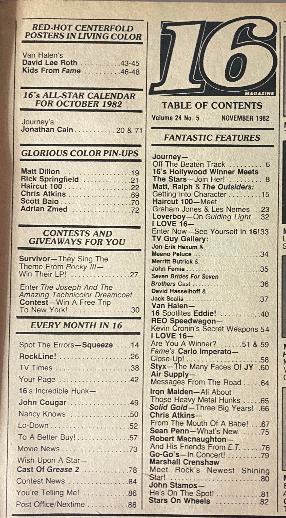 Table of contents from 16 Magazine November 1982 showcasing features like Matt Dillon, Rick Springfield, and David Lee Roth along with colorful pin-ups.