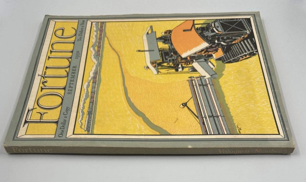 Cover of Fortune Magazine September 1930 featuring a vibrant illustration of a wheat harvest tractor, highlighting agricultural advancements and technology from the era.