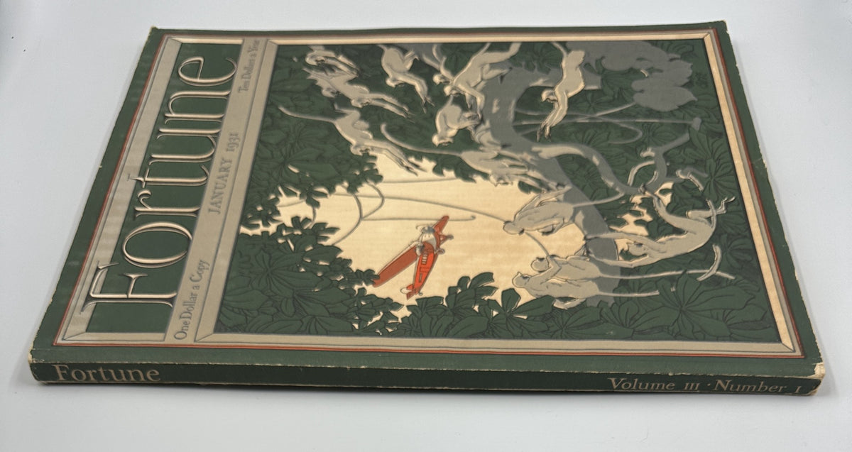 Cover of Fortune Magazine, January 1931, featuring an illustration with monkeys and an airplane alongside the title Fortune and the month and year.