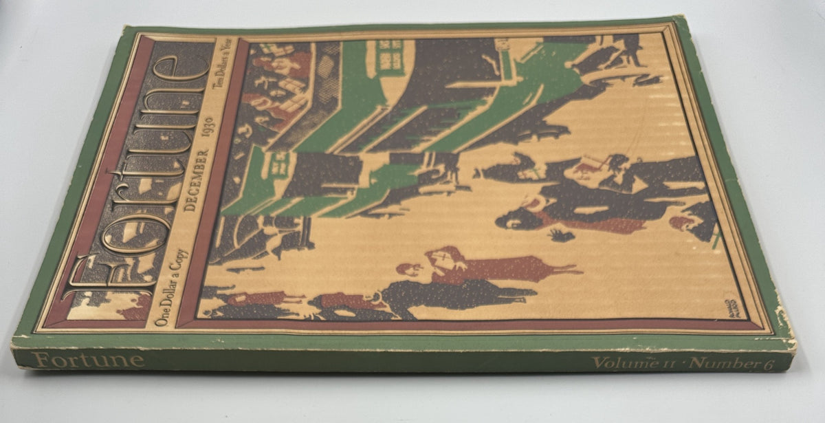 Fortune Magazine December 1930 side view showing the spine and cover art, featuring a nostalgic depiction of holiday shopping and urban life.
