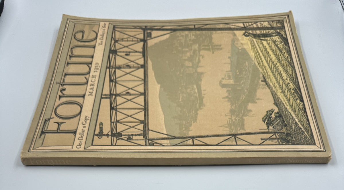 Side view of Fortune Magazine March 1930 featuring a rail bridge design, emphasizing the magazine's age and condition.