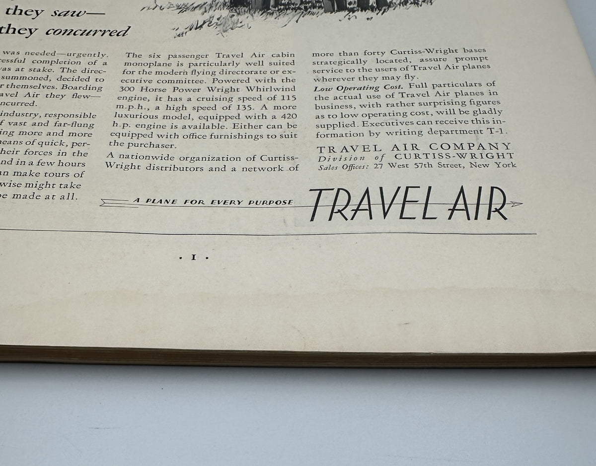 Inside page of Fortune Magazine March 1930 advertising Travel Air services, highlighting aviation from the era.