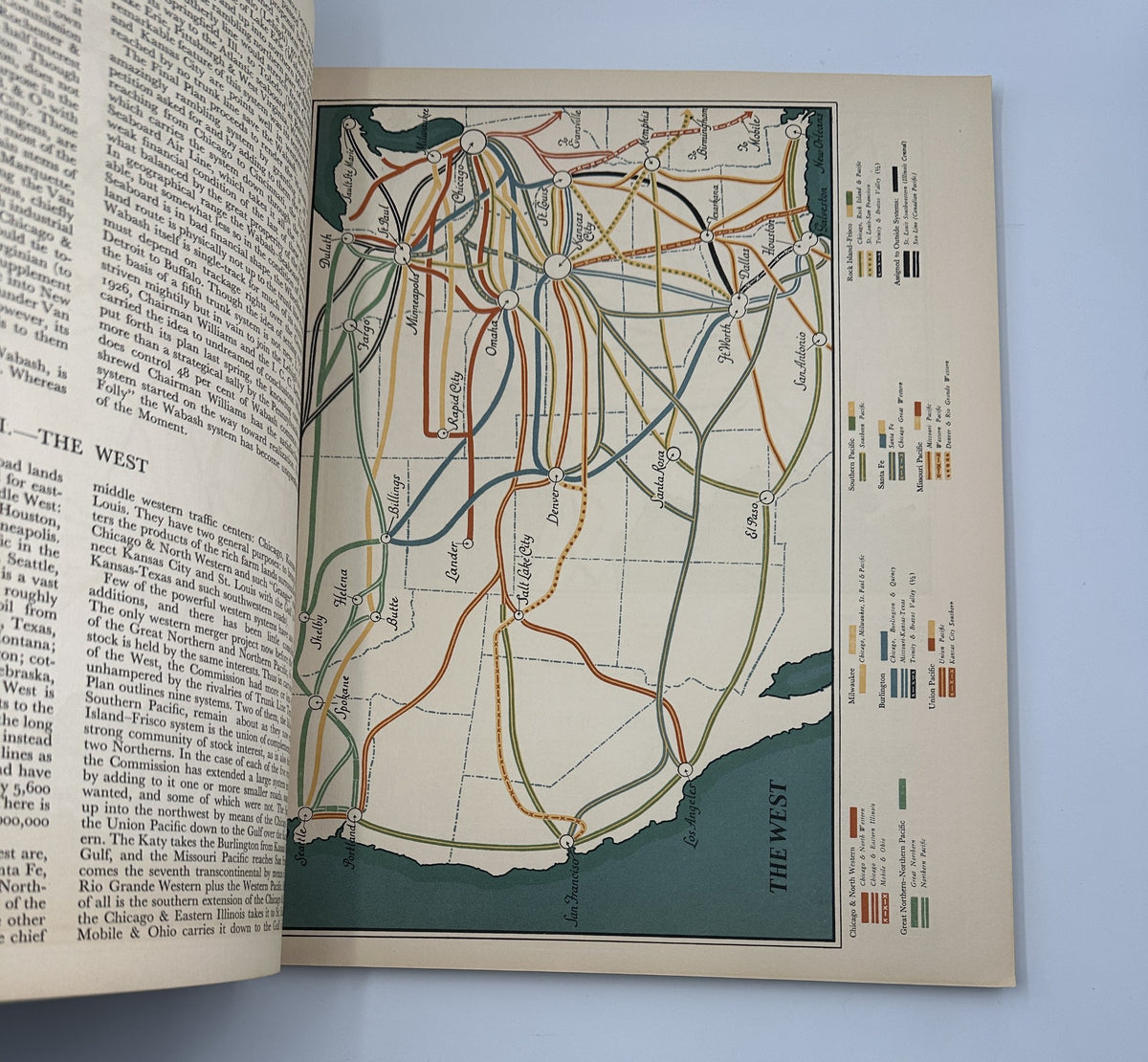 Illustrated map from the March 1930 Fortune Magazine showcasing extensive railroad routes in the West, illustrating the transportation network of the time.