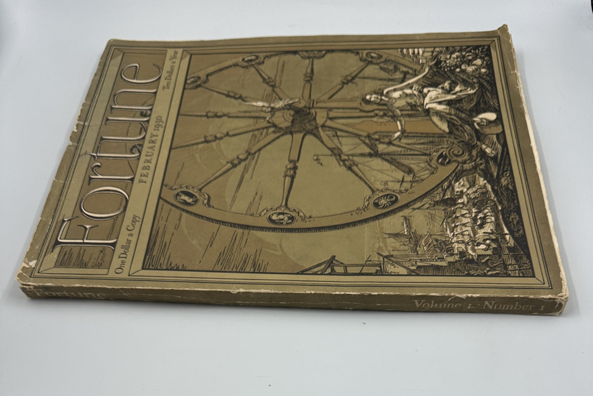 Side view of the Fortune Magazine, February 1930, showcasing the Ferris wheel cover design and worn edges. Title: 'Fortune Magazine February 1930 Ferris Wheel Harbor Premier #1 First Issue Rothschilds RCA Markets'.