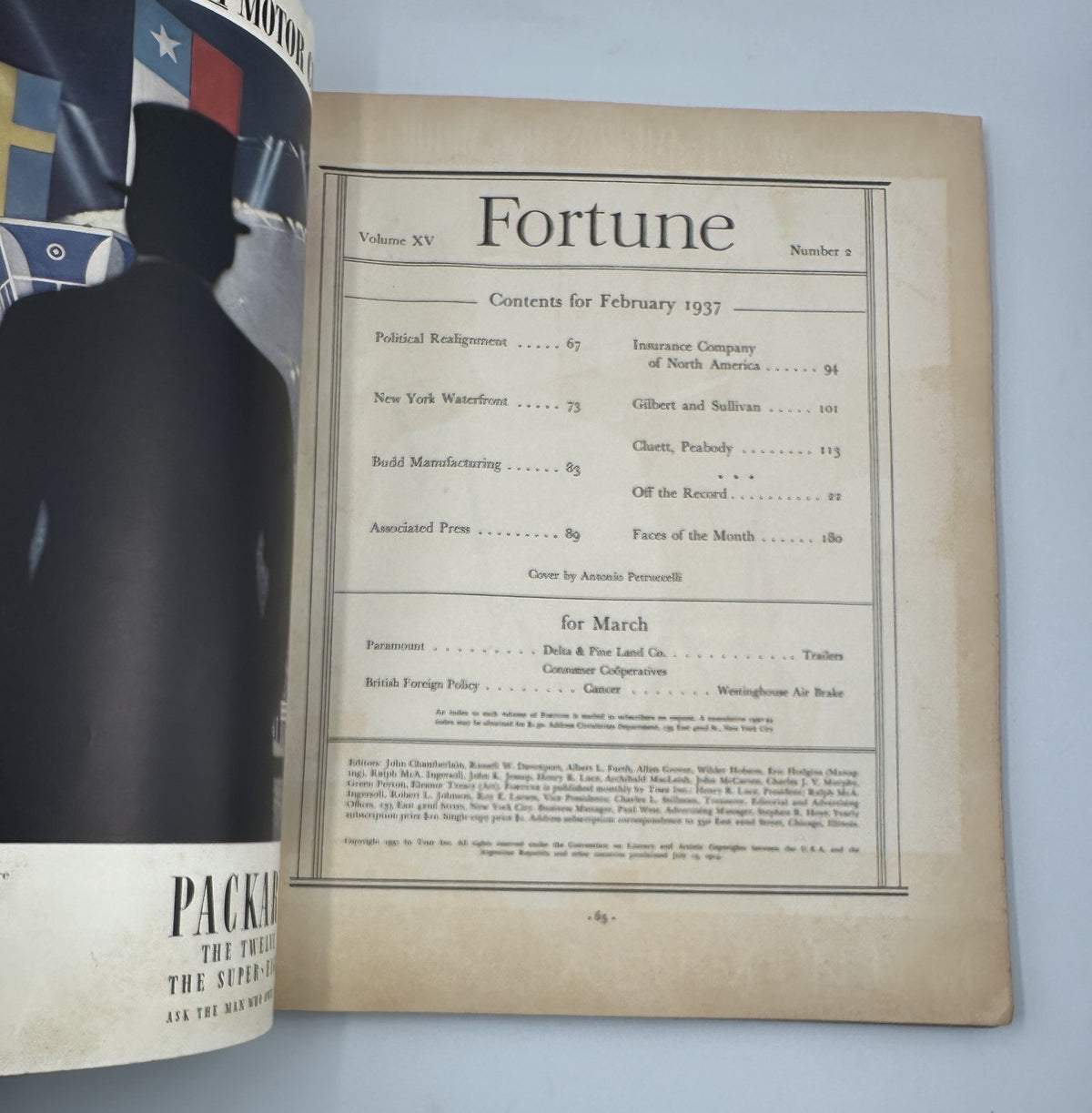 Inside page of Fortune Magazine, February 1937, displaying the table of contents including notable articles such as 'Political Realignments' and 'Insurance Company of North America'. The page highlights the magazine's historical significance and informative content.
