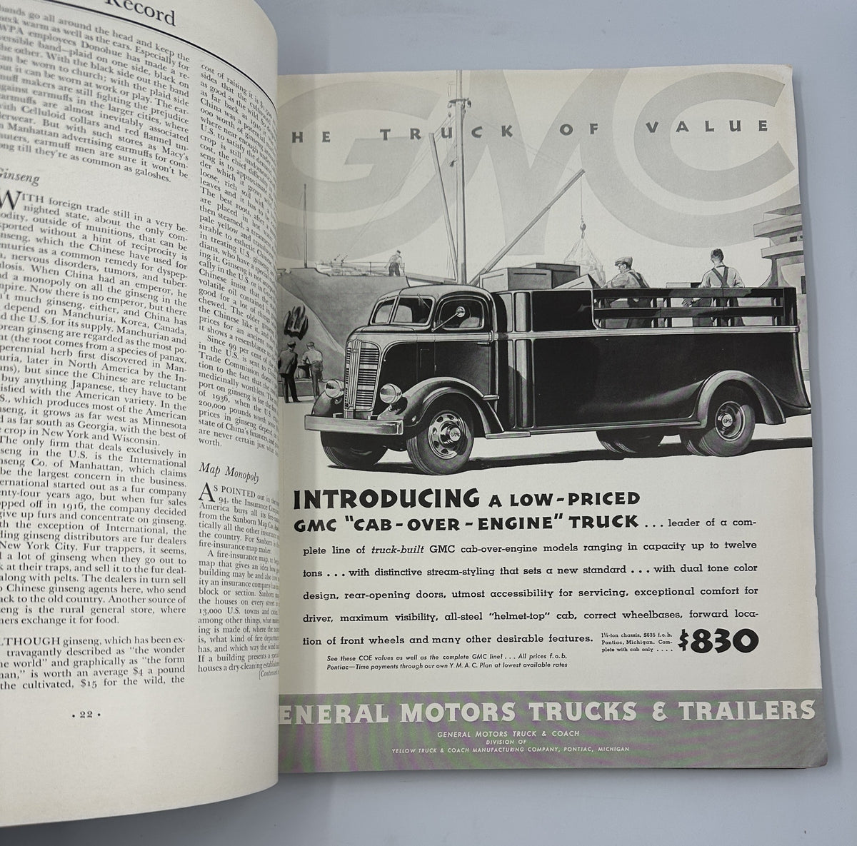 Fortune Magazine February 1937 page showcasing a vintage advertisement for GMC 'Cab-Over-Engine' trucks, highlighting affordability and utility in the automotive market.