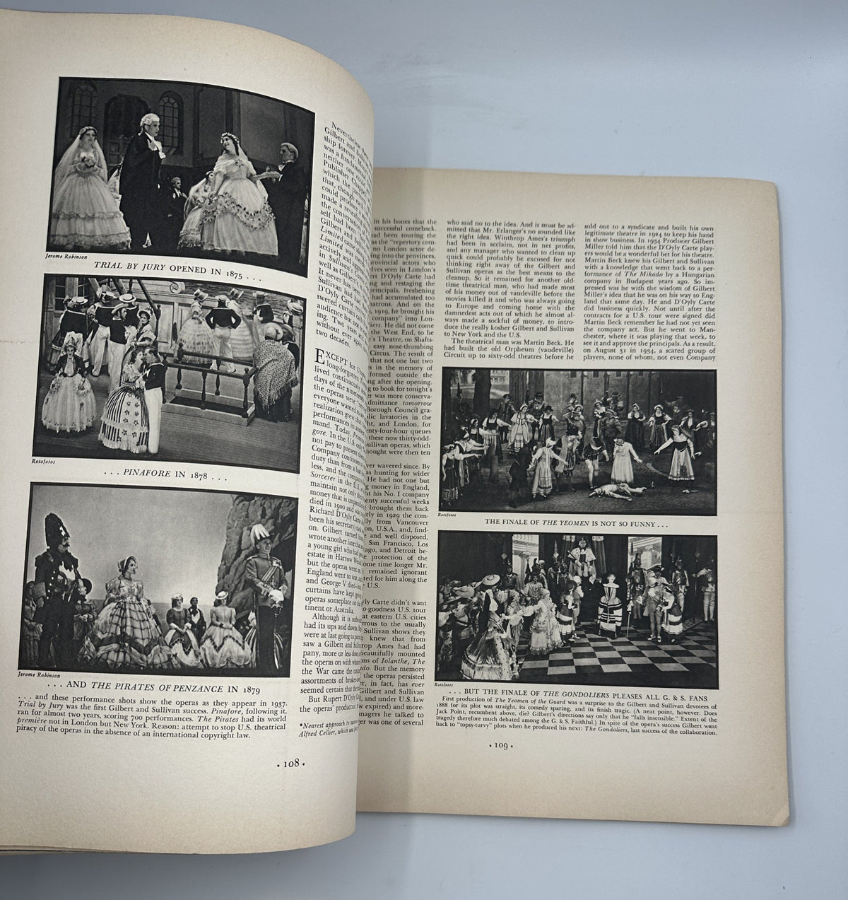 Fortune Magazine February 1937 page displaying images from a performance, showcasing scenes from a Gilbert and Sullivan production along with detailed descriptions.