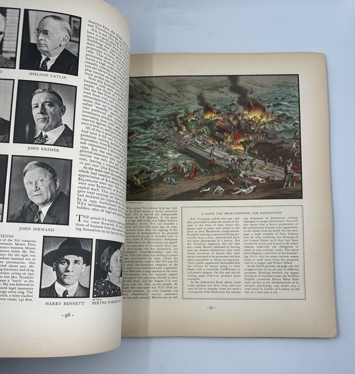 Fortune Magazine February 1937 page featuring significant historical images and profiles, including dramatic artwork depicting disaster recovery, with contributions from various individuals.