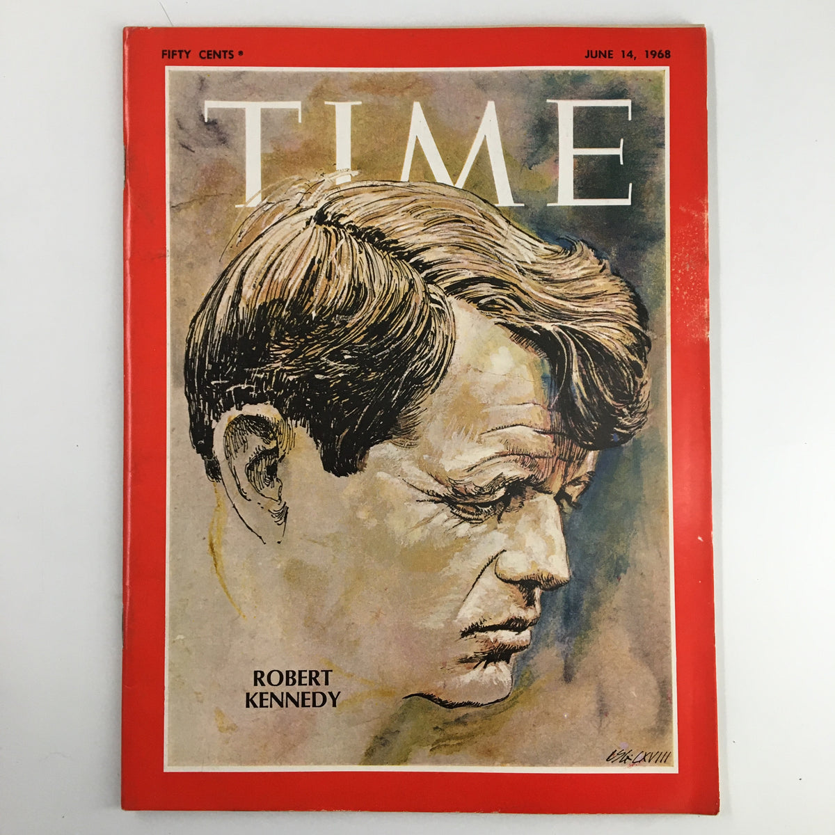 Vintage Time Magazine cover from June 14, 1968, featuring an illustration of Robert Kennedy, showcasing a significant moment in American history.