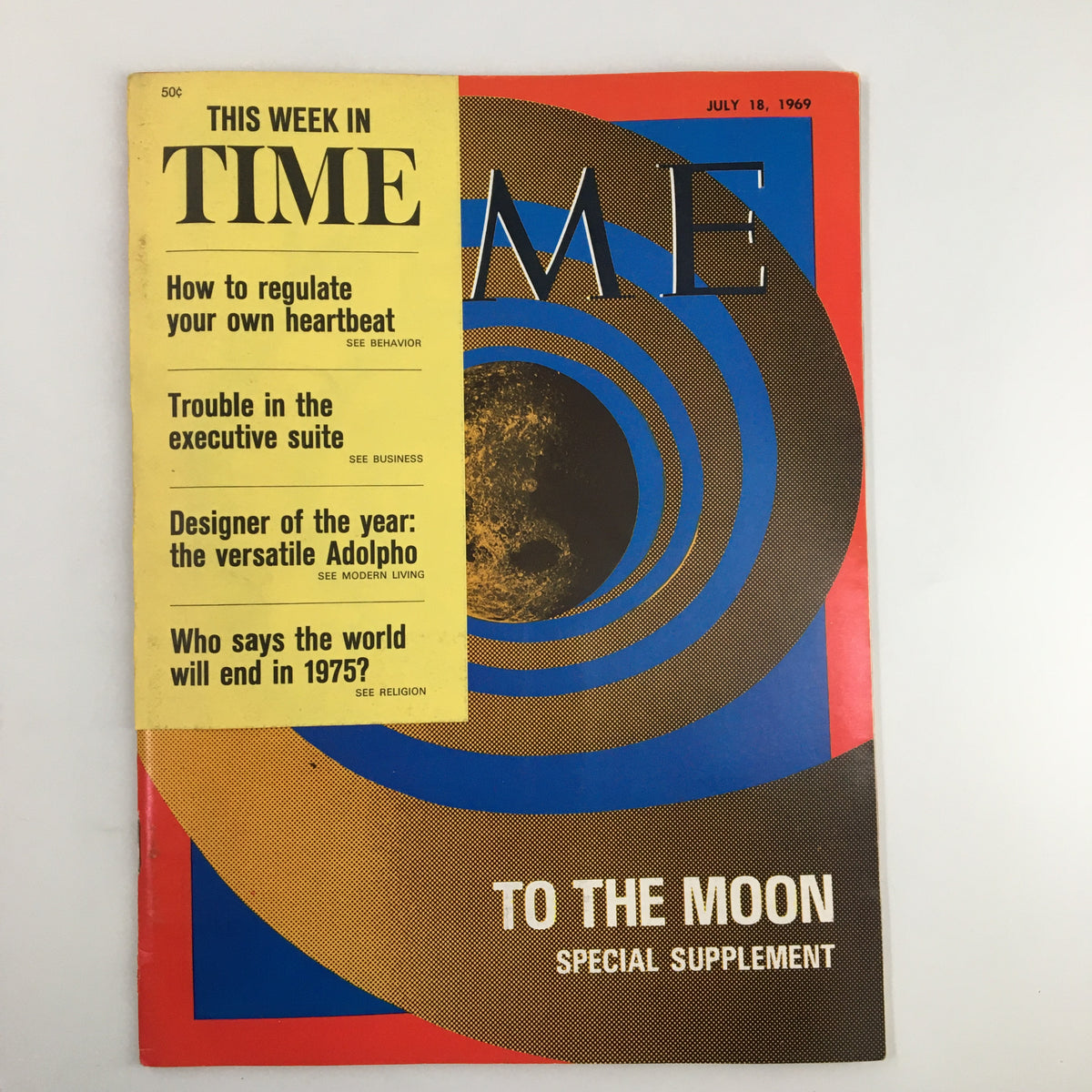 VTG Time Magazine July 18 1969 cover featuring 'To The Moon' special supplement, showcasing bold graphics and articles about NASA's Apollo 11 mission.