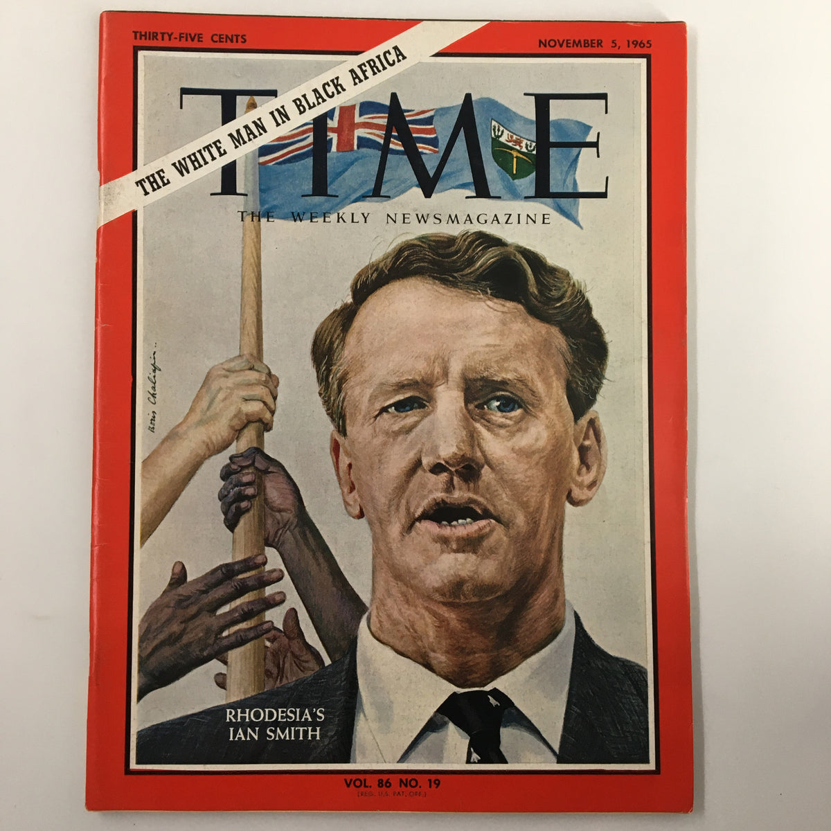 Vintage Time Magazine cover from November 5, 1965, featuring Rhodesia's Ian Smith. This magazine, Vol. 86 No. 19, includes themes around colonial dynamics in Africa and is a must-have collectible for historical enthusiasts.