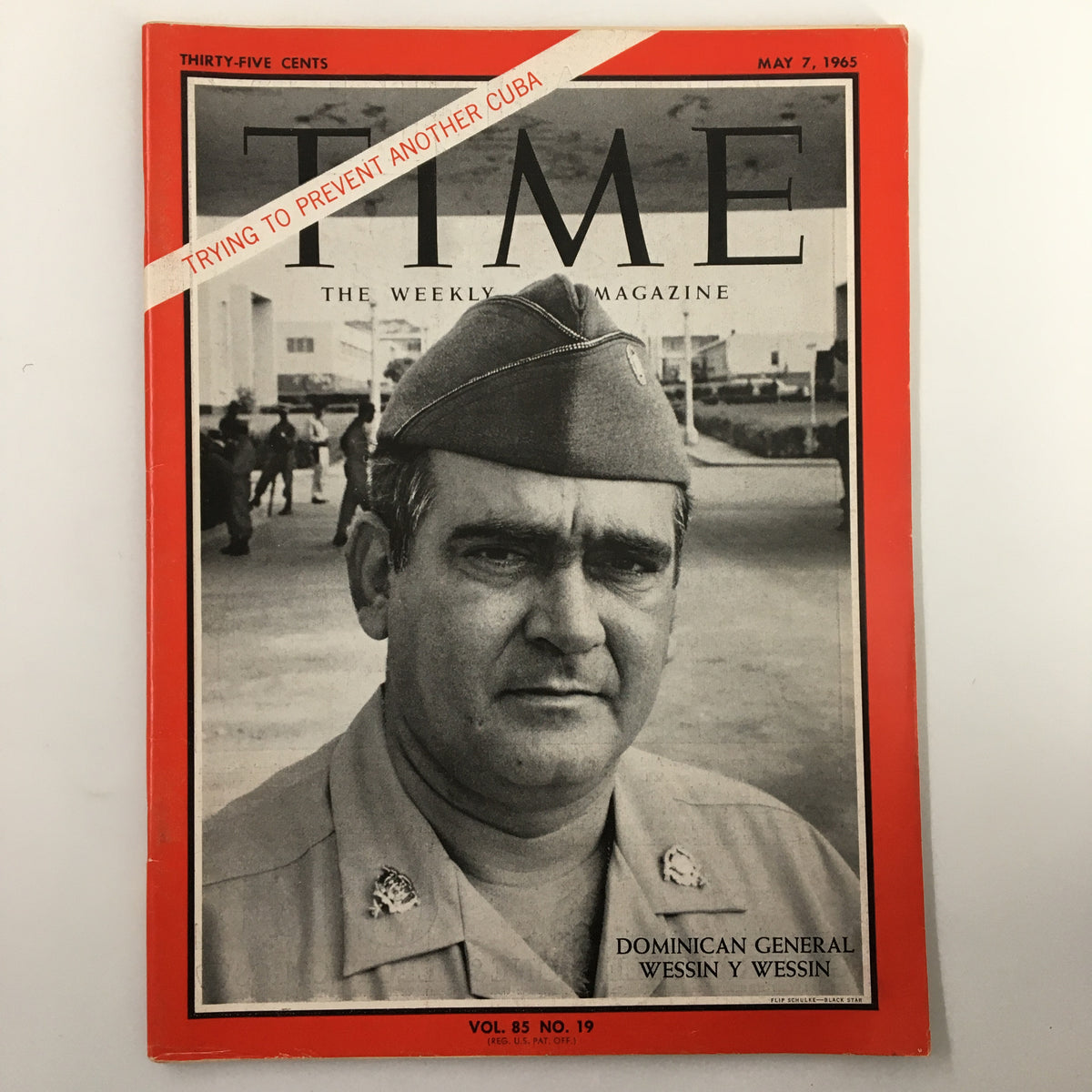 Vintage Time Magazine from May 7, 1965 featuring Dominican General Wessin Y Wessin on the cover, showcasing a significant moment in history with striking artwork and relevant articles.