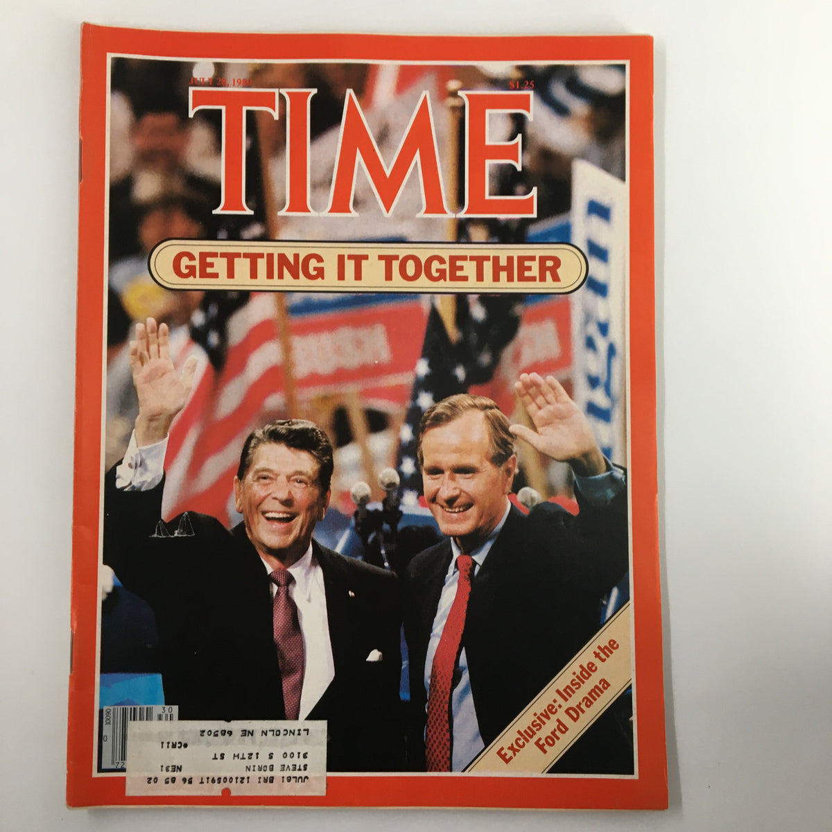 Vintage Time Magazine cover from July 28, 1980, featuring Ronald Reagan and George Bush with the title 'Getting It Together.' The cover explores the political landscape during Gerald Ford's presidency.