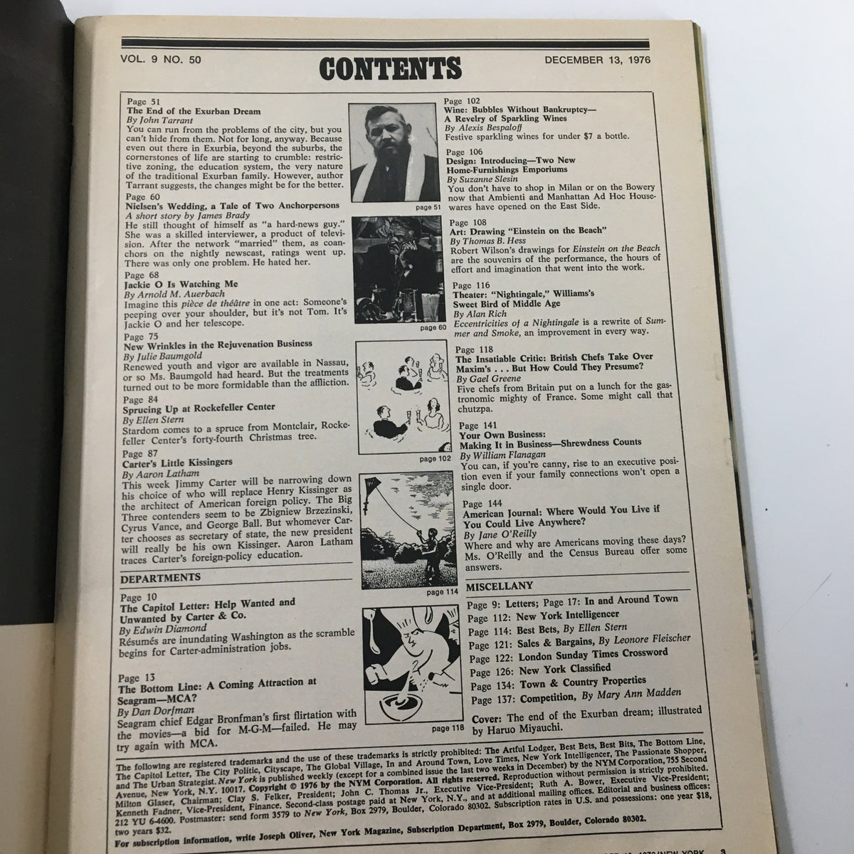 Contents page from VTG New York Magazine December 13 1976 titled The End of The Exurban Dream, featuring articles and sections including urban issues, a piece on Aaron Latham, and various cultural insights from the 1970s.