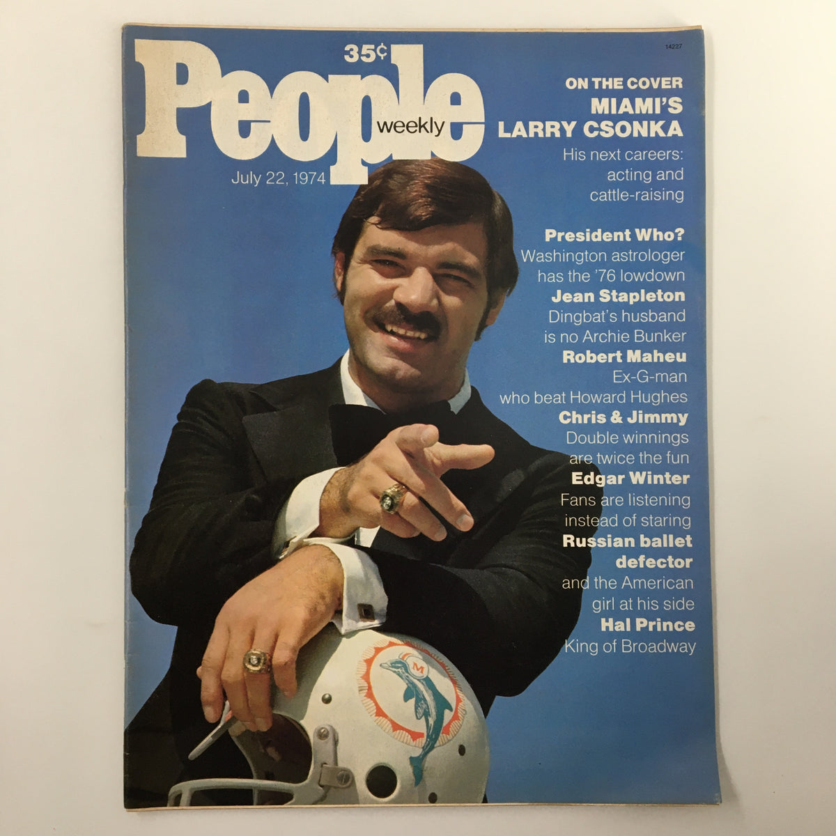 Cover of People Weekly Magazine from July 22, 1974 featuring Miami's Larry Csonka highlighting his career transition to acting and cattle-raising. The magazine showcases a vintage design with Csonka smiling, wearing a tuxedo, and holding a Miami Dolphins football helmet.