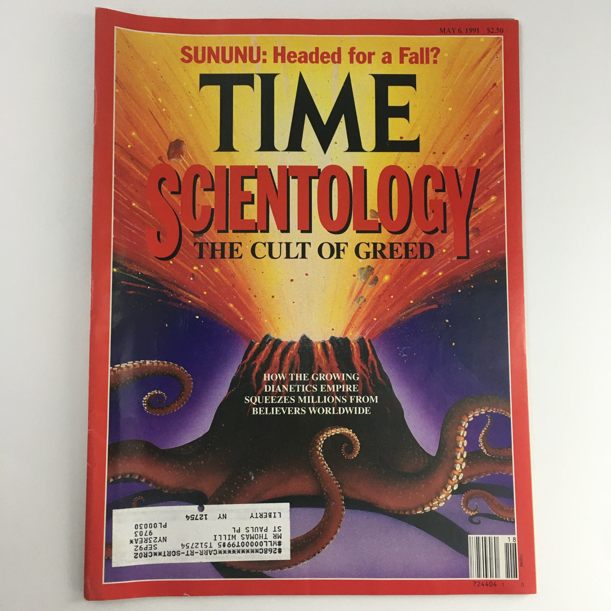 Cover of Time Magazine dated May 6, 1991, featuring an article titled 'Scientology, The Cult of Greed.' The cover illustrates a volcanic scene with an octopus-like creature, symbolizing the growing influence of the Dianetics empire.