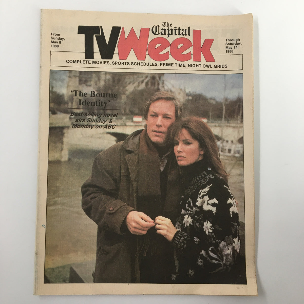 The Capital TV Week magazine cover from May 1988 featuring 'The Bourne Identity' best-selling novel with two characters in a dramatic scene, capturing the essence of 1980s television culture.