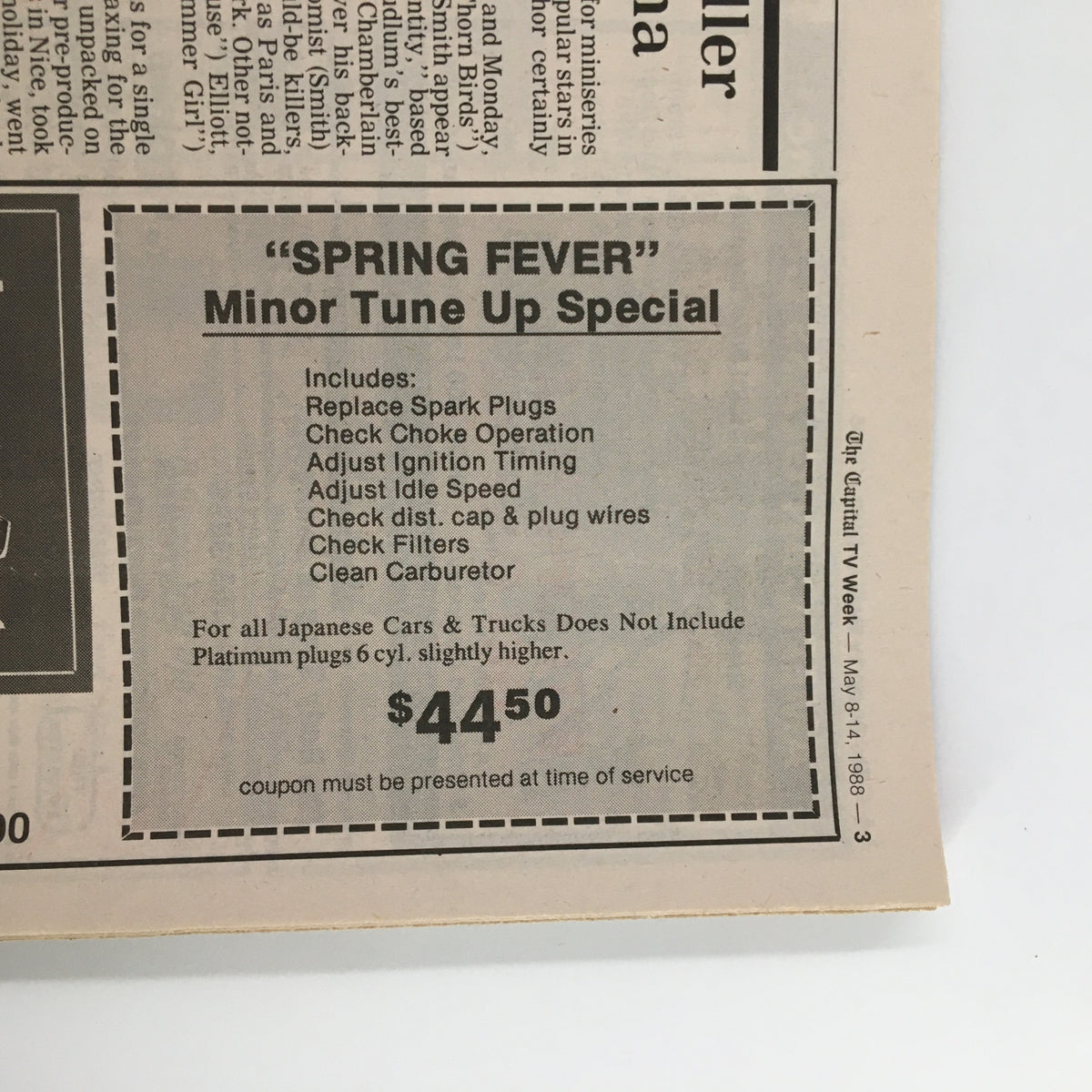 Interior page of The Capital TV Week magazine from May 1988 featuring an advertisement for a 'Spring Fever' minor tune-up special, reflecting the type of content available in the magazine.