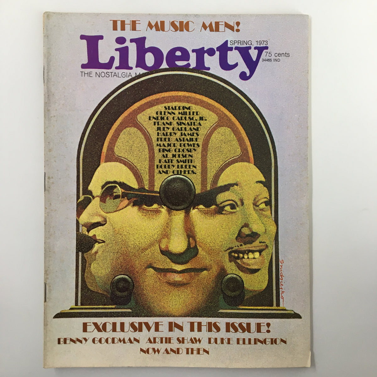 Cover of Liberty Magazine Spring 1973 featuring Benny Goodman, Artie Shaw, and Duke Ellington, showcasing vintage jazz aesthetics and iconic music legends.
