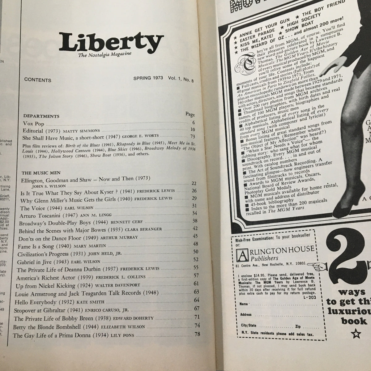 Inside page of Liberty Magazine Spring 1973 with contents listing articles and features related to jazz history, including sections on Benny Goodman, Artie Shaw, and Duke Ellington.