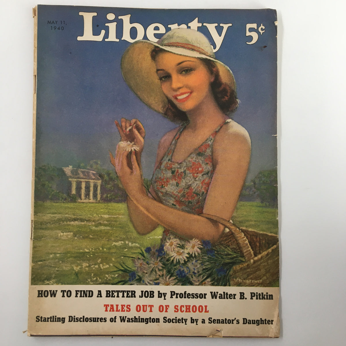 VTG Liberty Magazine May 11 1940 cover featuring a woman in a floral dress holding flowers, with the headline 'HOW TO FIND A BETTER JOB' by Professor Walter B. Pitkin.
