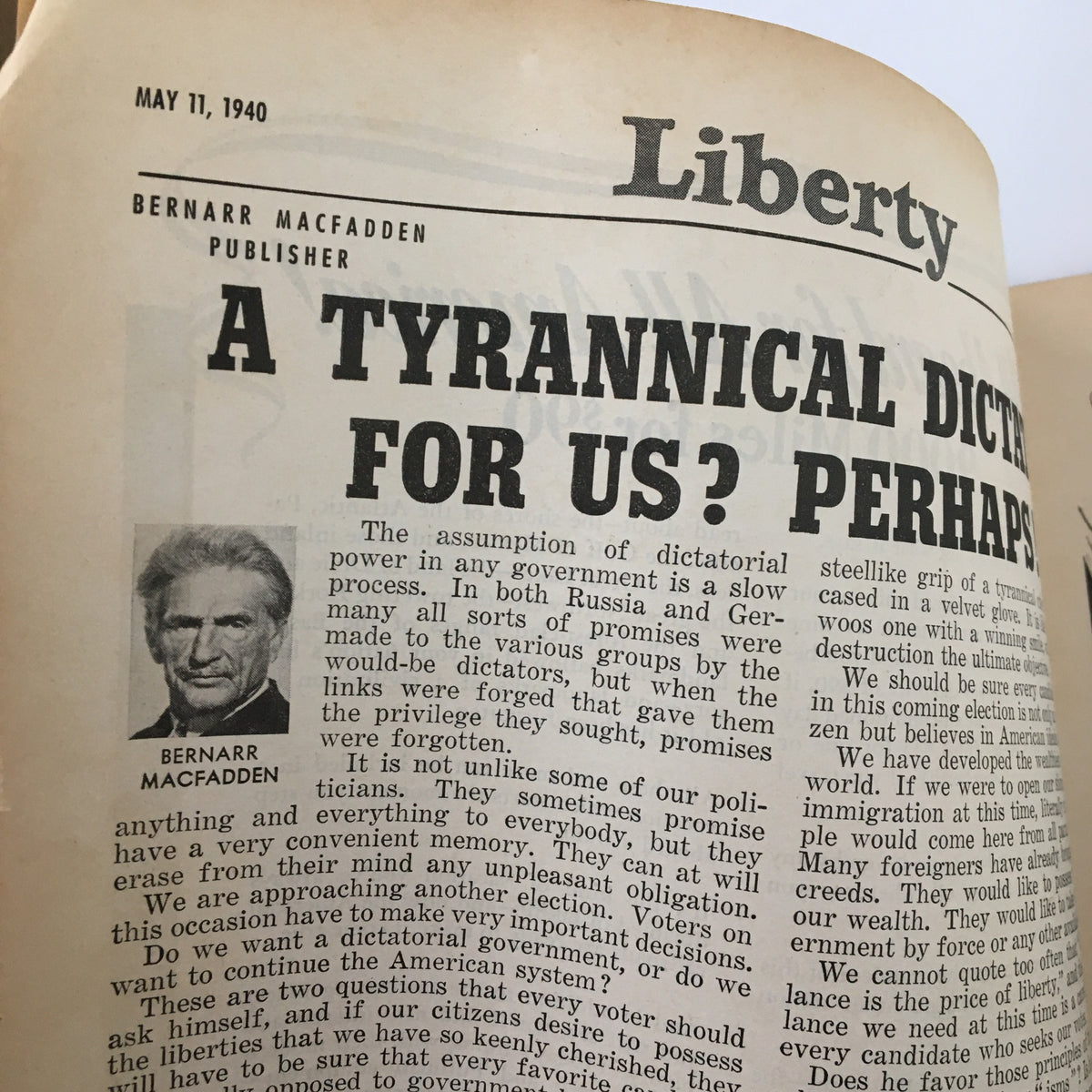 Inside page of the VTG Liberty Magazine May 11 1940 displaying an article titled 'A Tyrannical Dictatorship for Us?', showcasing the magazine's historical content.