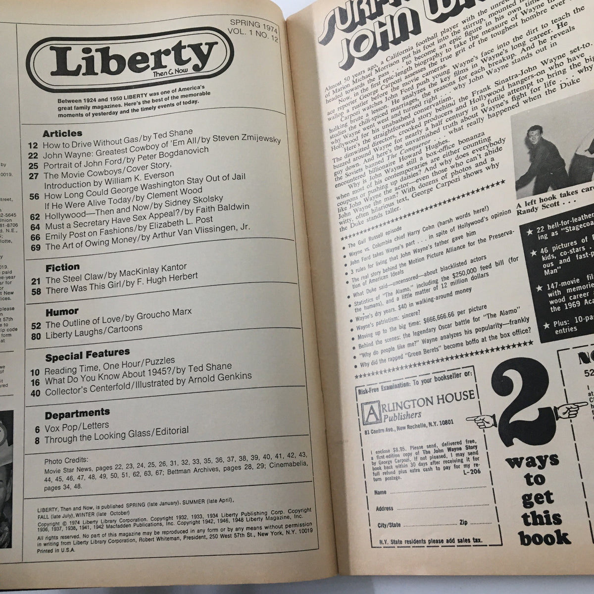 Inside spread of VTG Liberty Magazine Spring 1974, highlighting articles related to John Wayne and classic Western cinema.