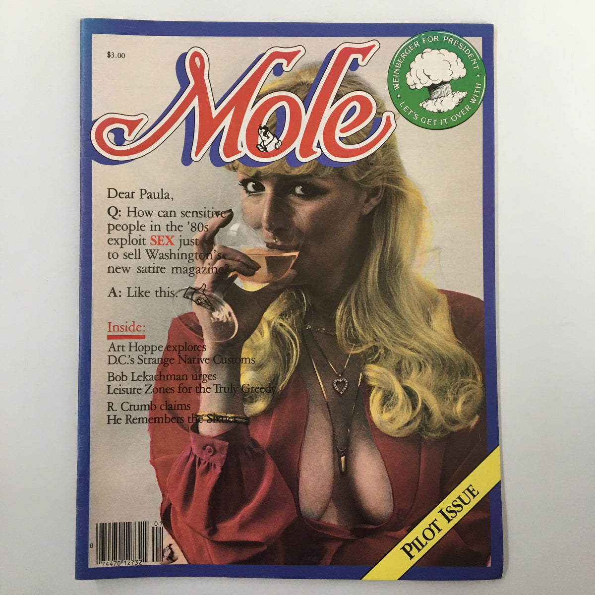 Cover of VTG Mole Magazine 1983 Pilot Issue featuring a photo of Paula Parkinson, showcasing vintage pop culture and nostalgia with a provocative illustration and retro design.