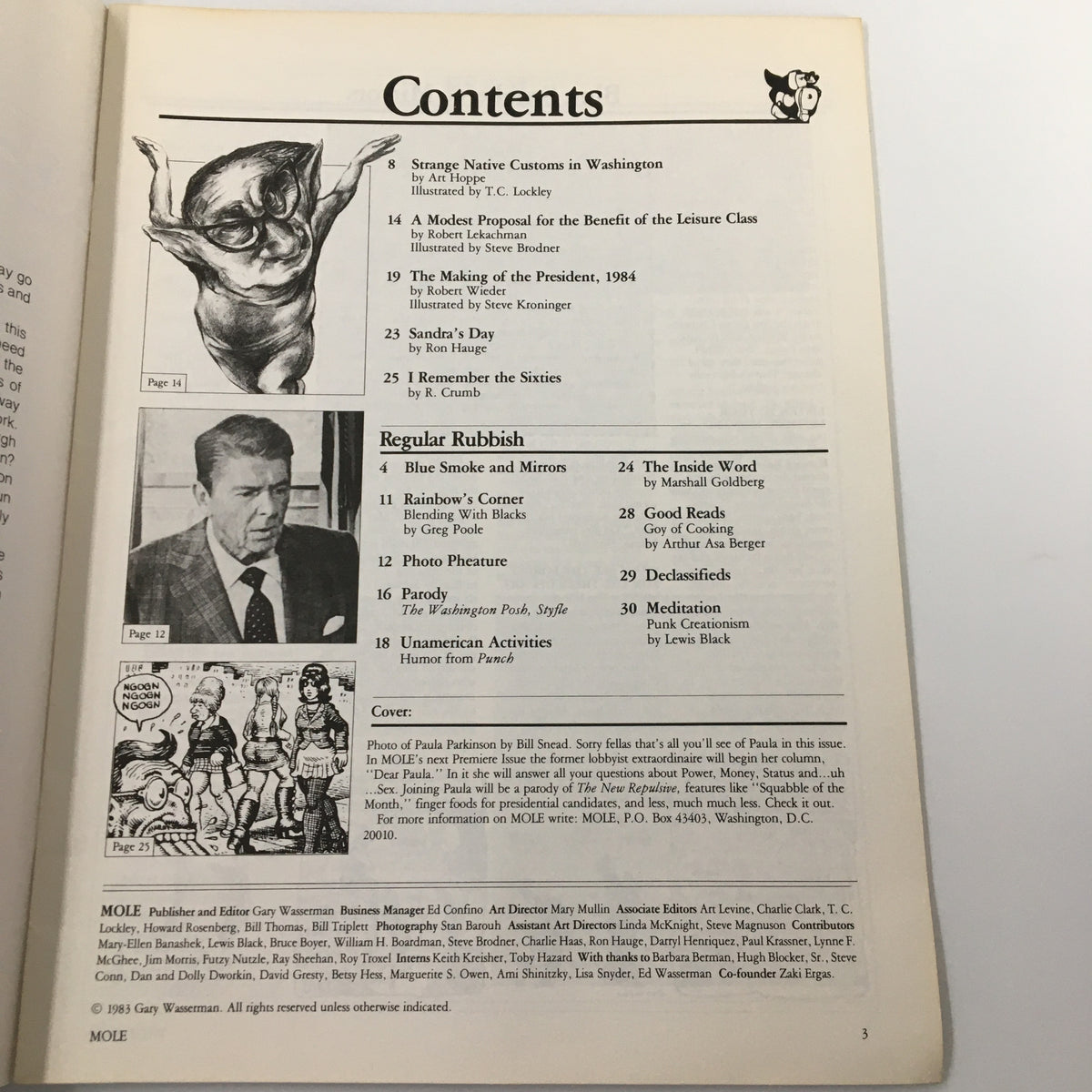 Contents page of VTG Mole Magazine 1983 Pilot Issue featuring an illustration and a photo of Paula Parkinson. Highlights include articles on pop culture trends and notable figures of the early 1980s.