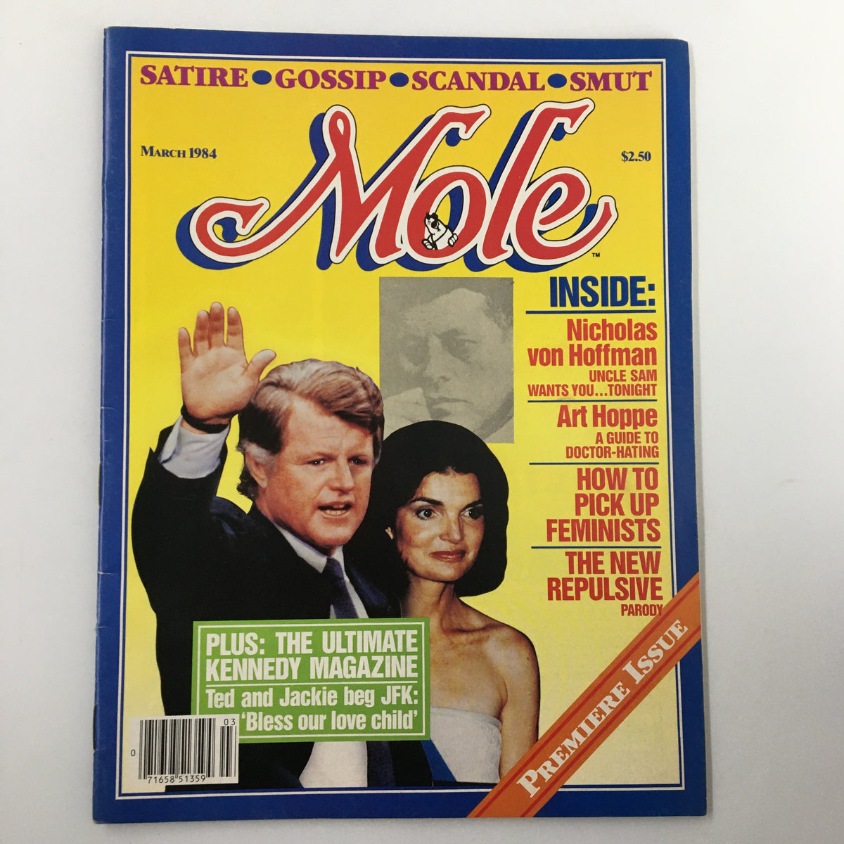Mole Magazine March 1984 cover featuring Ted Kennedy and Jackie Kennedy, highlighting political satire and cultural commentary from that era.