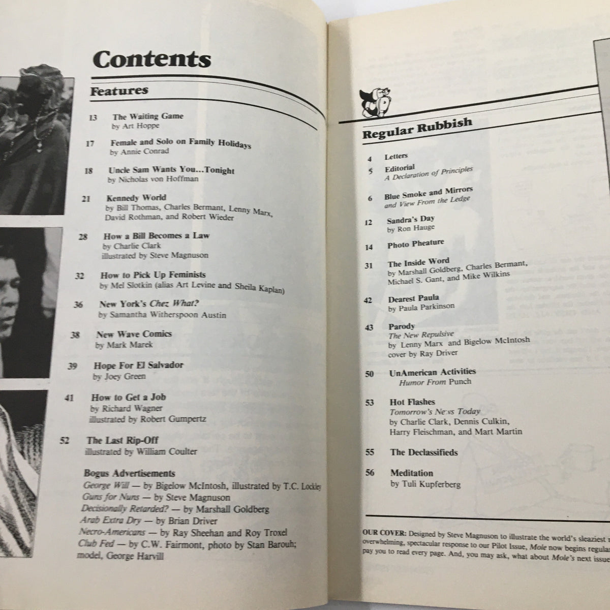 Contents page of Mole Magazine March 1984, outlining features and articles, showcasing the magazine's layout and editorial focus.