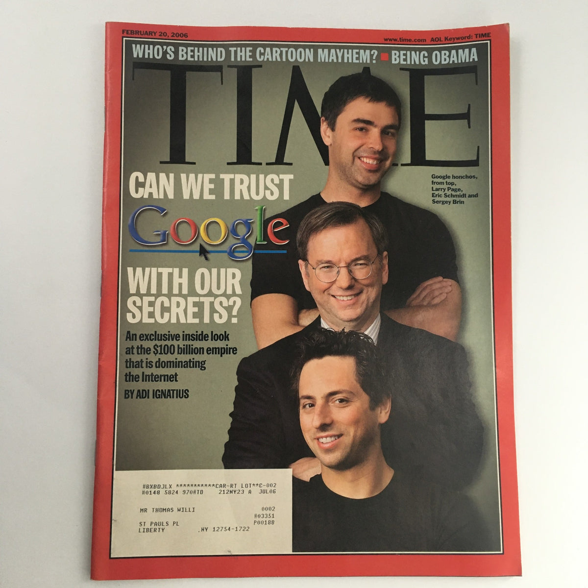 Cover of Time Magazine from February 20, 2006 featuring Larry Page, Eric Schmidt, and Sergey Brin of Google, illustrating a pivotal moment in technology history.