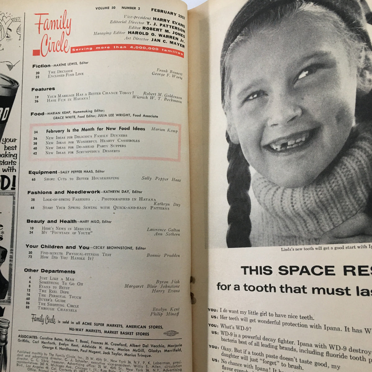 Interior page of the February 1957 VTG Family Circle Magazine featuring various topics including food ideas, fashion, and insights on family life, highlighting the cultural aspects of the 1950s.