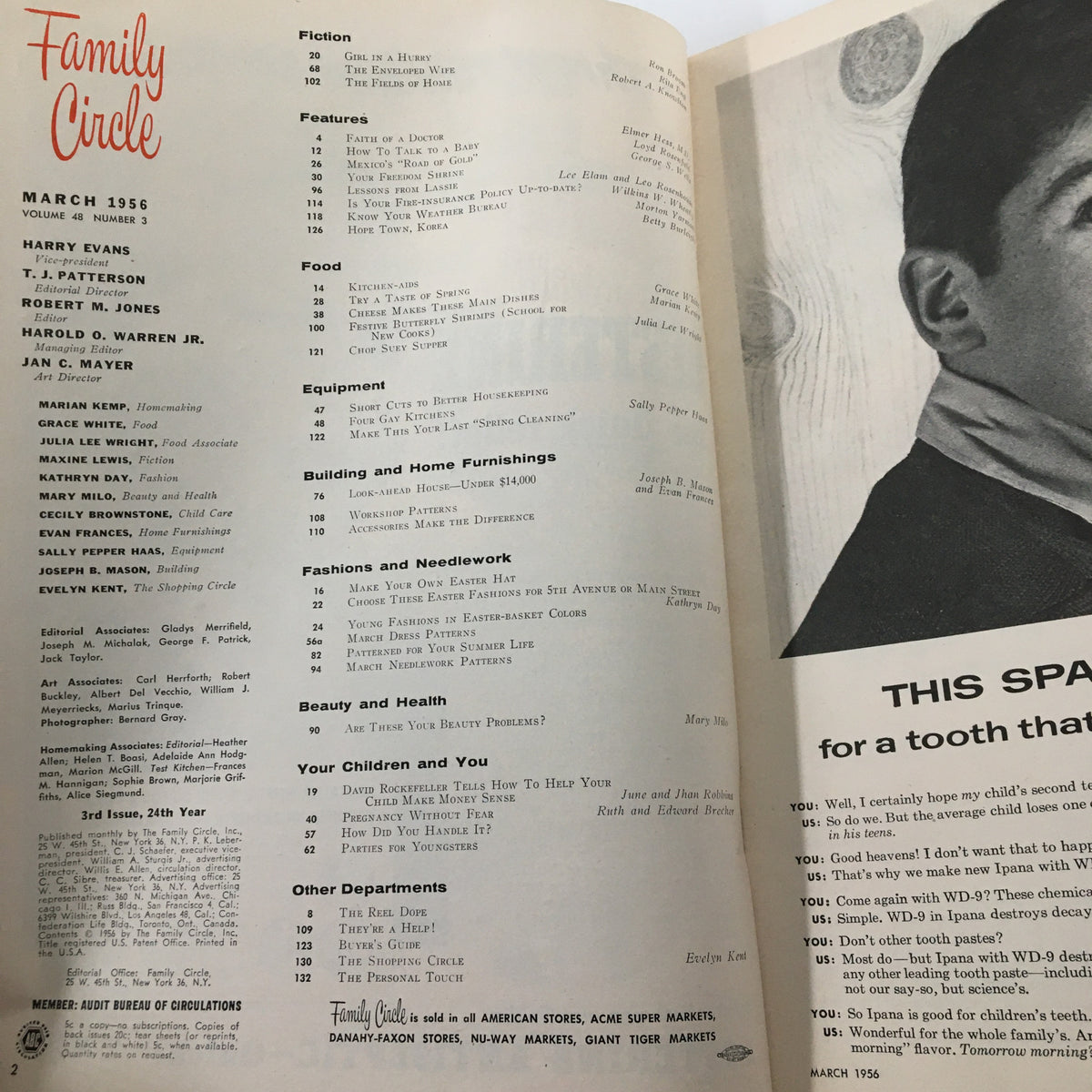 Interior page of VTG Family Circle Magazine from March 1956 featuring articles on various topics including fashion and home furnishings, showcasing the rich content and vintage appeal of this historic publication.
