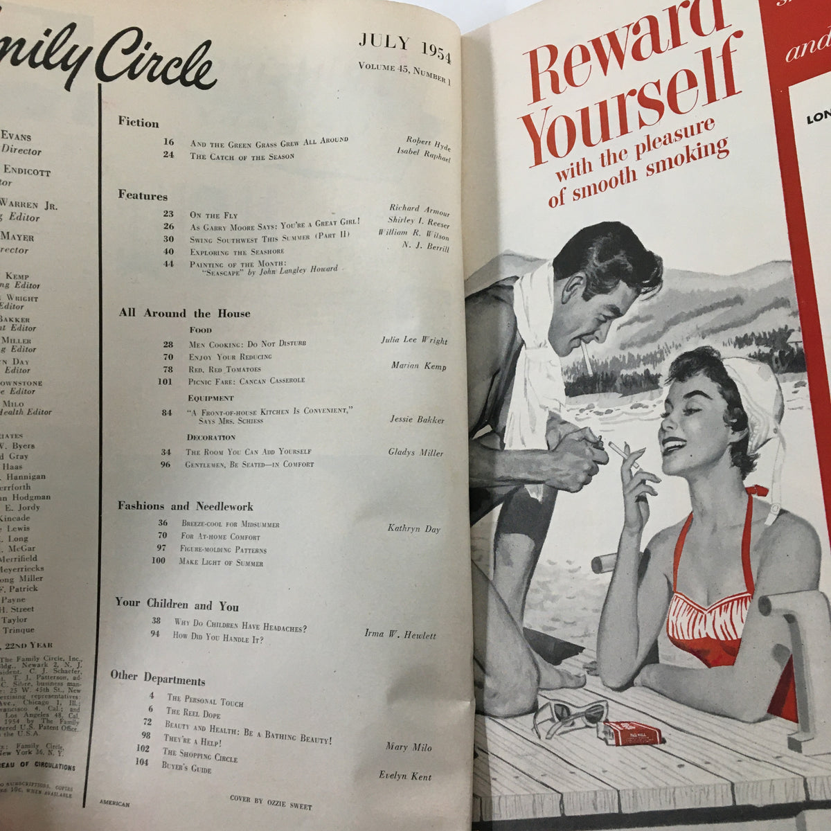 Contents page of VTG Family Circle Magazine July 1954, displaying articles on various themes, including summer fun and lifestyle.