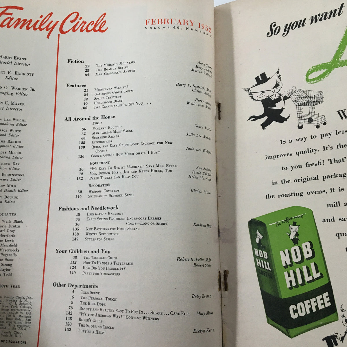 Inside page of VTG Family Circle Magazine February 1952 displaying the table of contents and accompanying illustrations.