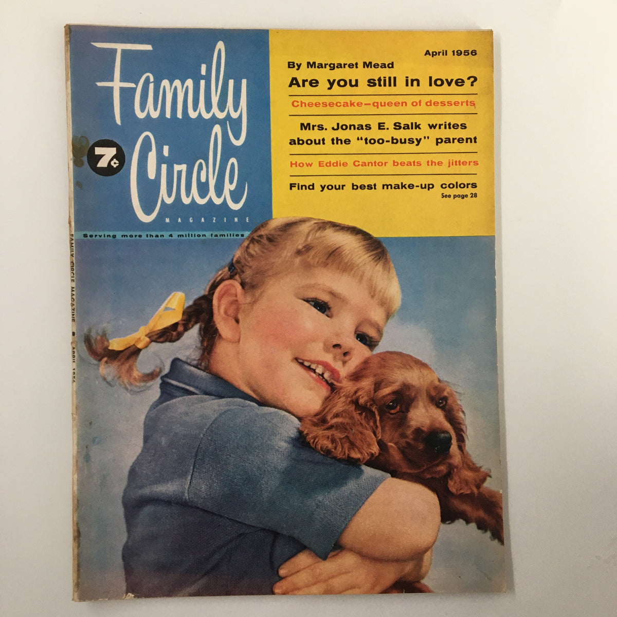 VTG Family Circle Magazine April 1956 cover featuring a young girl with a gold ribbon in her hair, hugging a brown puppy, and showcasing the title 'Cheesecake-Queen of Desserts'.