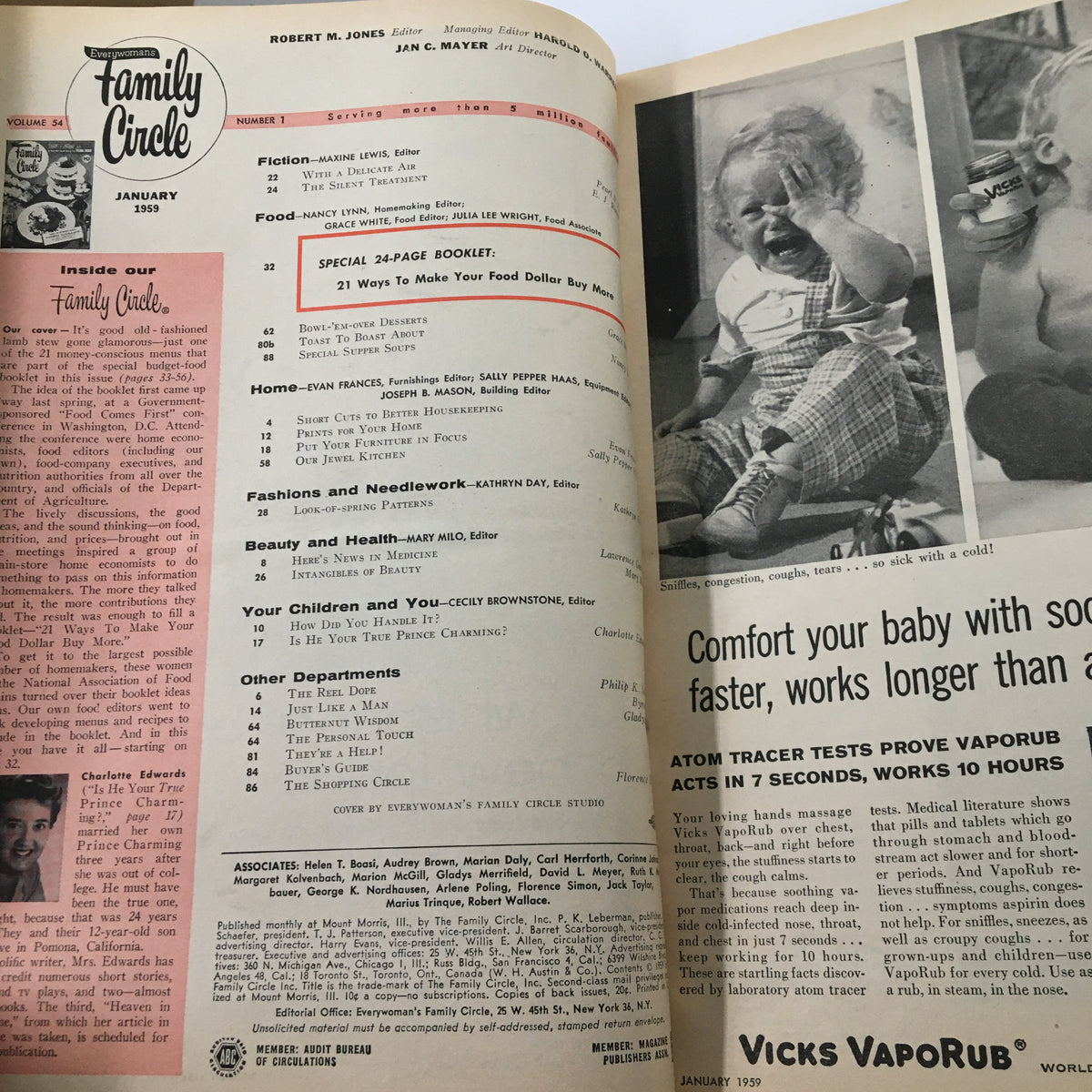 Family Circle Magazine January 1959 cover page featuring articles on budgeting, food, and domestic life, showcasing a nostalgic glimpse into 1950s culture. The issue includes a special booklet titled '21 Ways to Make Your Food Dollar Buy More'.