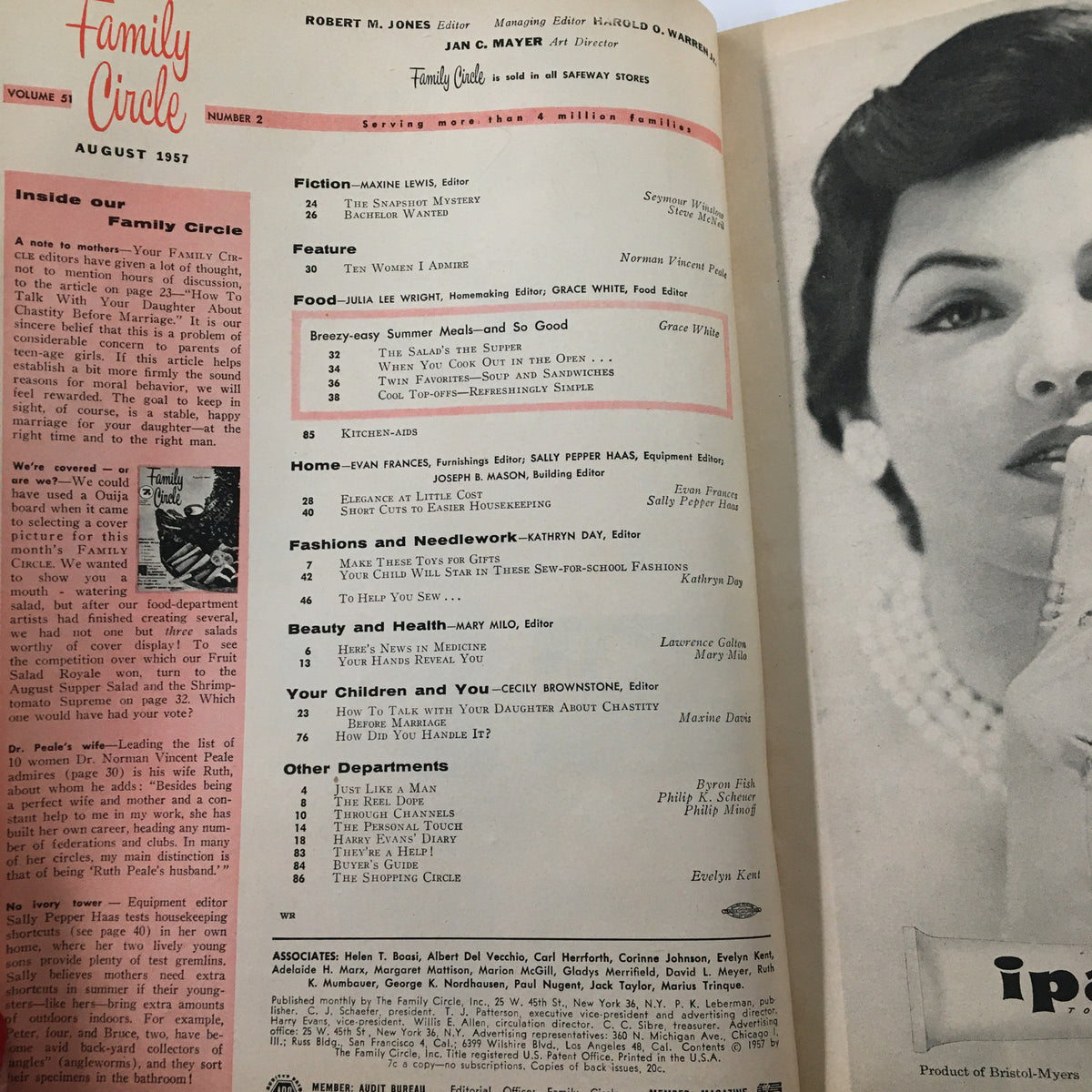 Inside page of the August 1957 Family Circle magazine displaying the table of contents, featuring articles on summer meals, fashion, beauty, health, and a prominent topic on chastity before marriage.