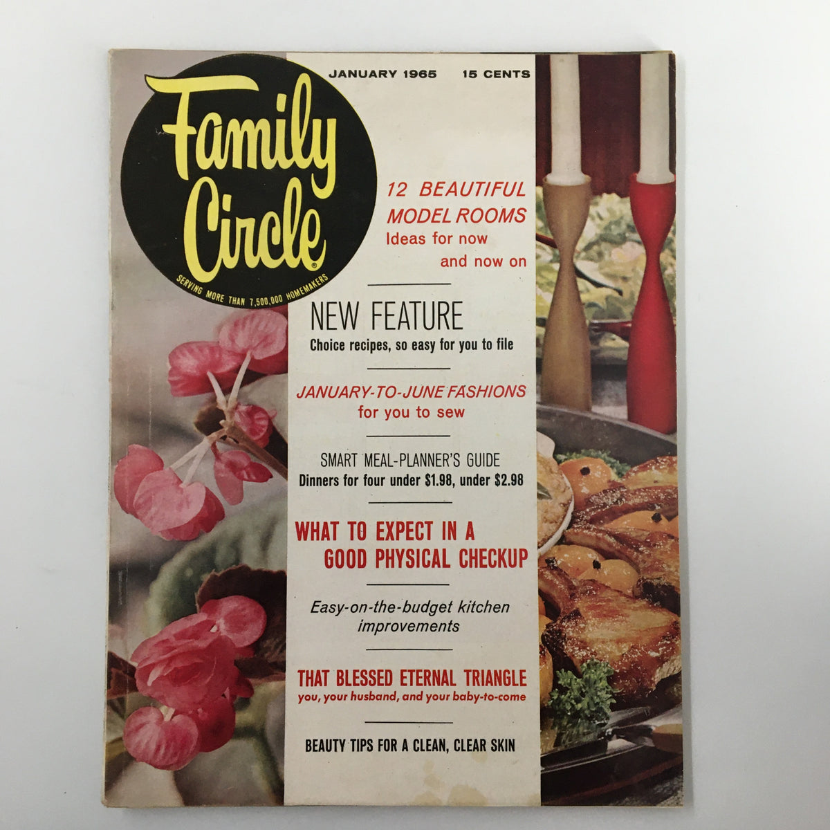 VTG Family Circle Magazine January 1965 cover featuring the article 'That Blessed Eternal Triangle' with titles on family life, recipes, and home decorating ideas.