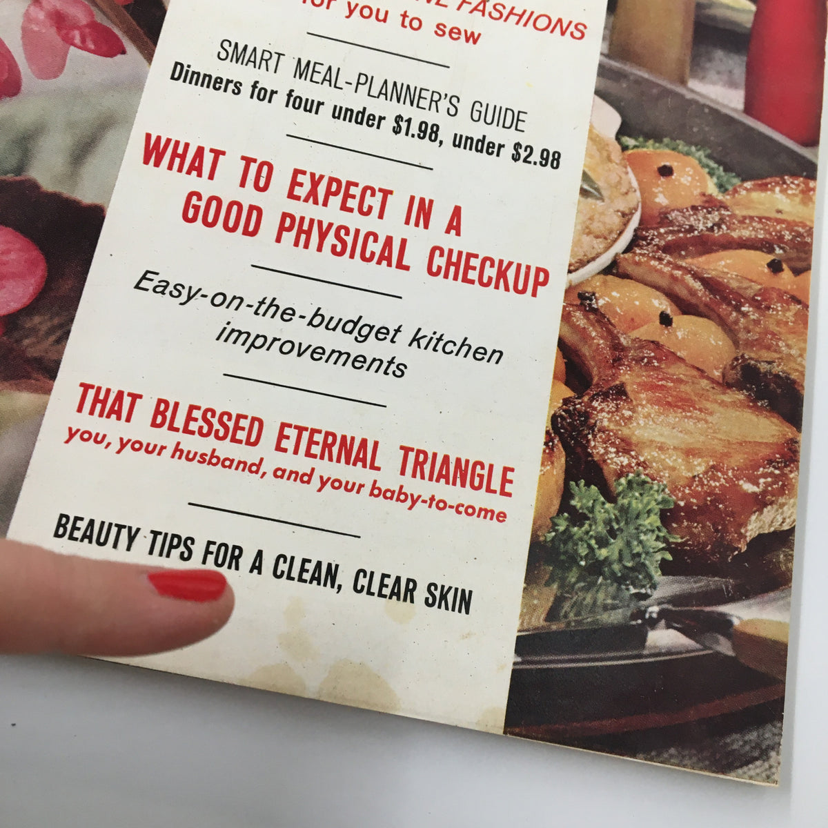 Close-up of the content from the January 1965 VTG Family Circle Magazine highlighting articles on 'That Blessed Eternal Triangle' and beauty tips.