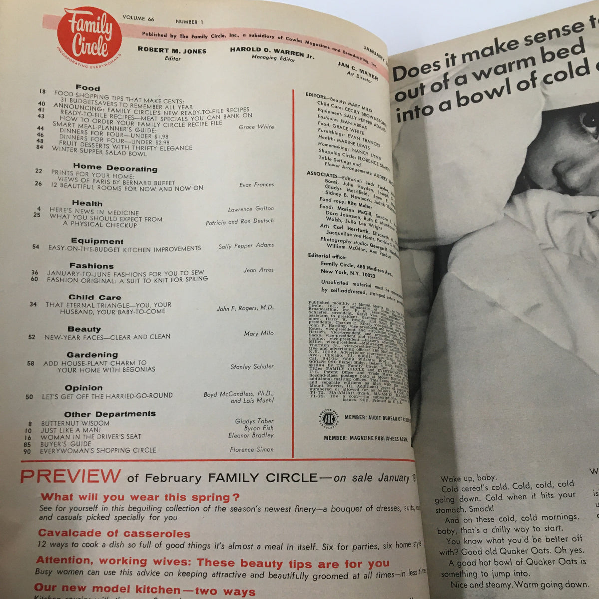 Interior page of the VTG Family Circle Magazine January 1965 showing the contents, including sections on food, health, home care, and fashion.