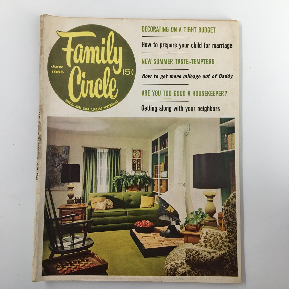 Cover of the VTG Family Circle Magazine from June 1965 titled 'Decorating On A Tight Budget', showcasing mid-century living room decor with green furnishings, featuring articles on child preparation for marriage and summer recipes.