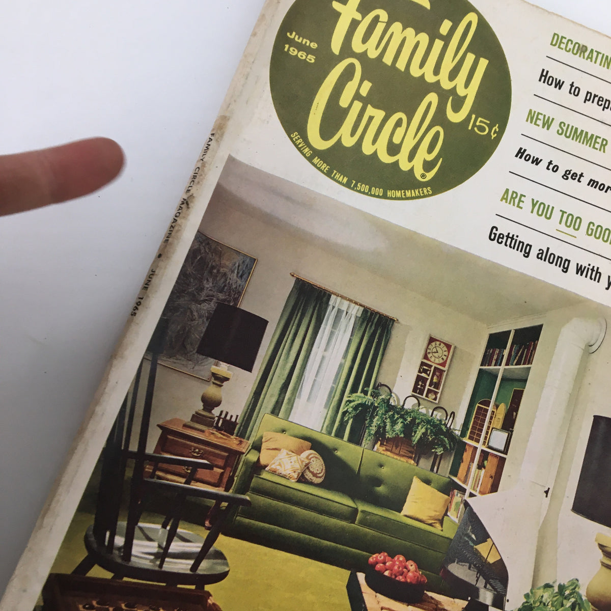 Cover of VTG Family Circle Magazine June 1965 featuring interior decoration tips and a vintage living room setting.