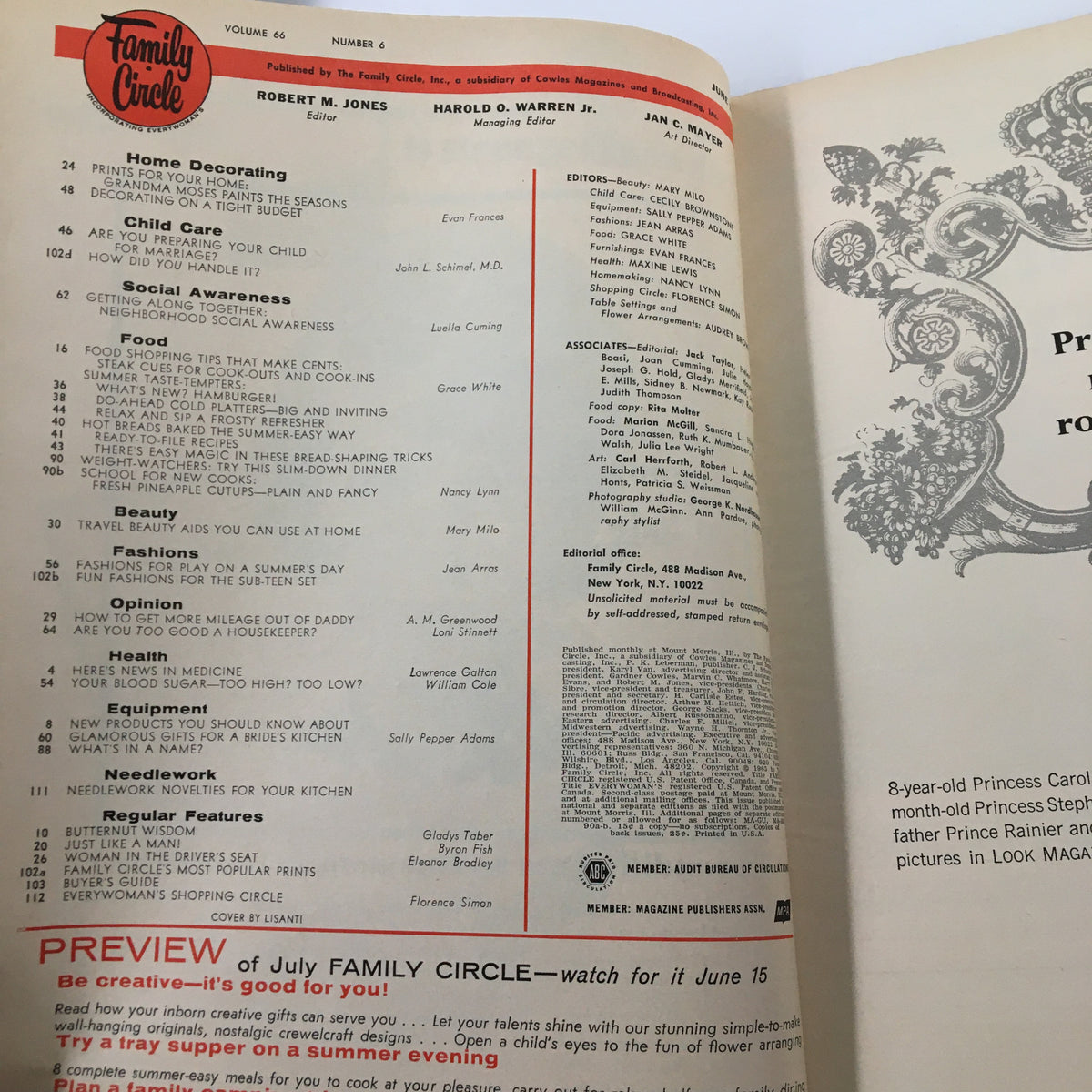Inside page of VTG Family Circle Magazine June 1965 showcasing the table of contents with various articles related to home decor and family life.